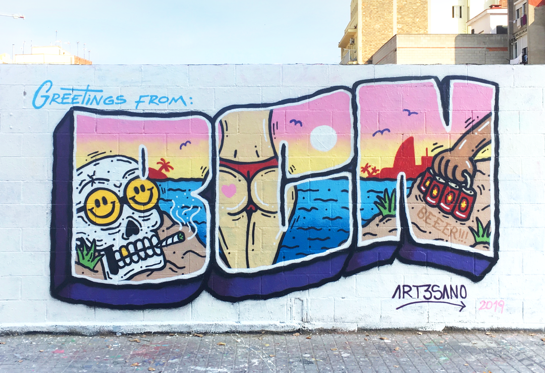 Wallspot - art3sano - Greetings from BCN (Poble Nou) - Barcelona - Poble Nou - Graffity - Legal Walls - Letters, Illustration